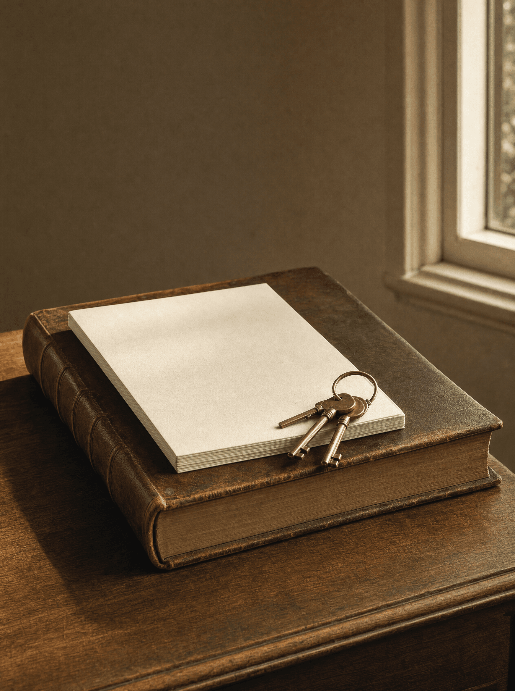 An old ledger, a paper folio and a ring of brass keys resting on a wood surface.